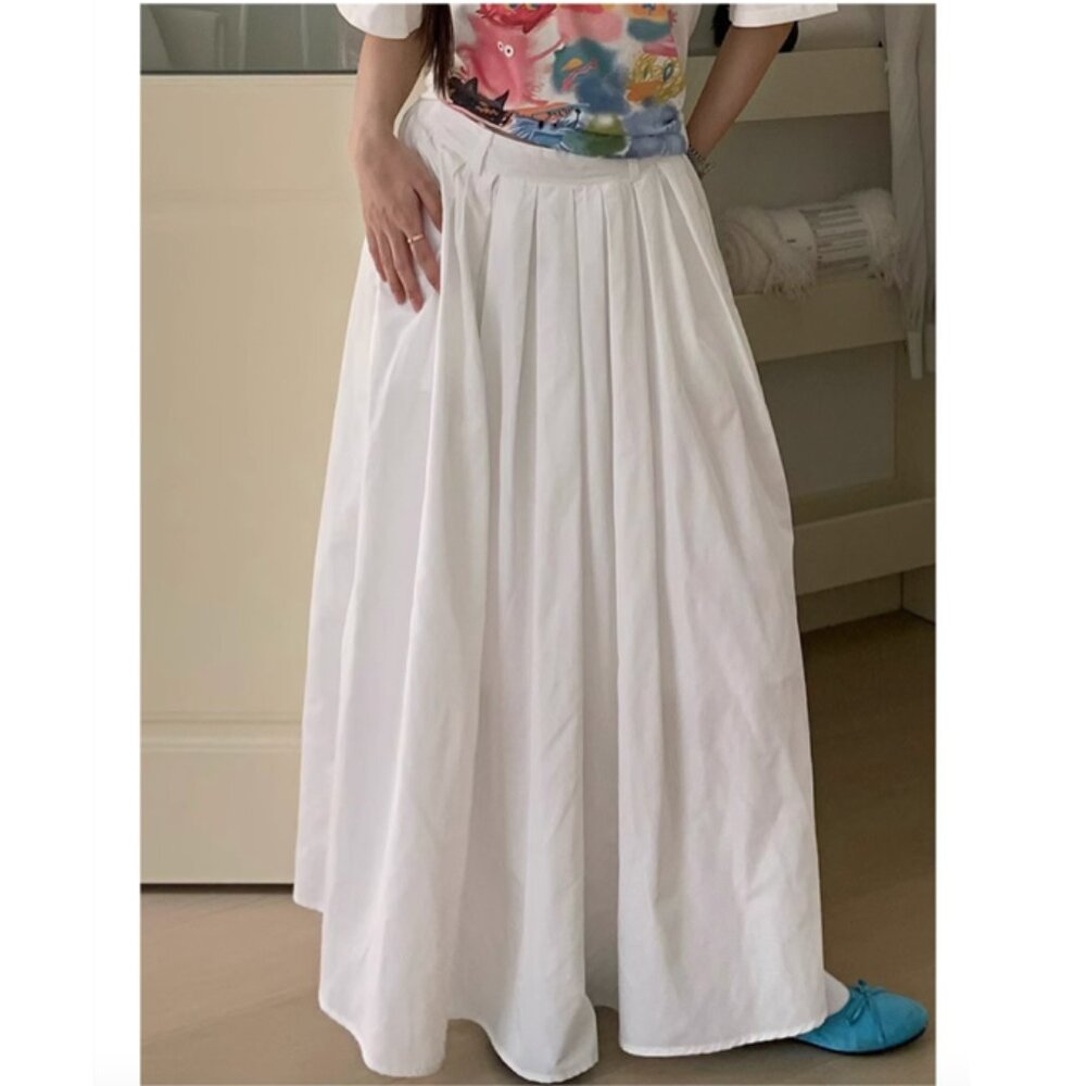 White Satin Pleated Midi Maxi Skirt